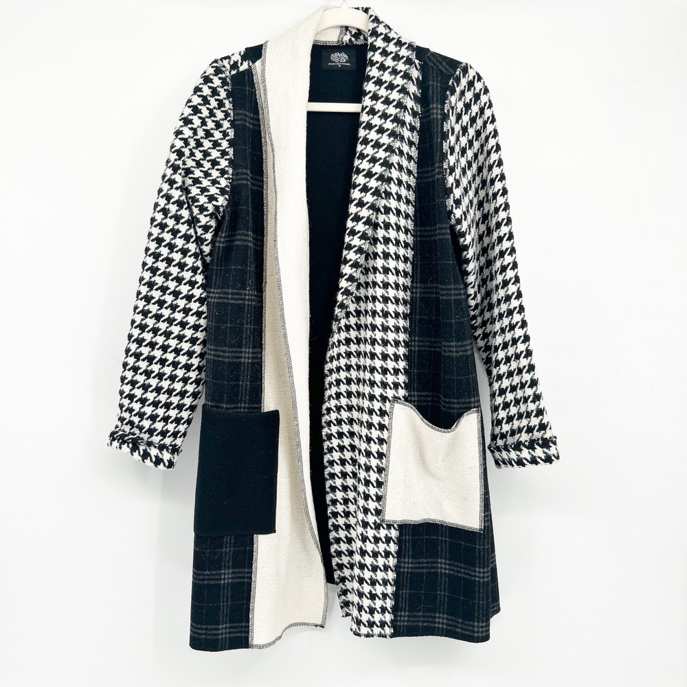 Cameleon Womens Patchwork Houndstooth Plaid Wool Blend Open Front Coat Jacket M‎